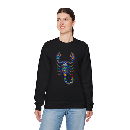 Mexican Huichol art scorpion graphic on black unisex sweatshirt.