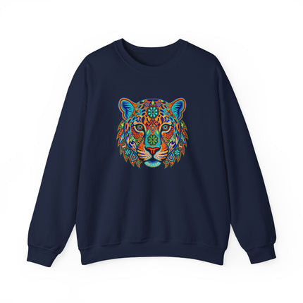 Vibrant pullover featuring Huichol-style jaguar artwork from Mexico.