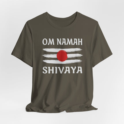 Om Namah Shivaya mantra t-shirt featuring a red tripundra graphic for Hindu spiritual apparel.