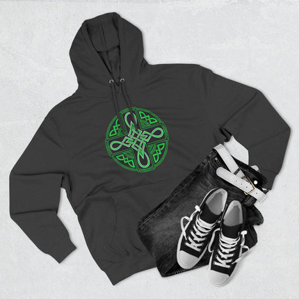 Green Celtic Cross knotwork symbol on a black unisex hoodie. Irish heritage apparel.