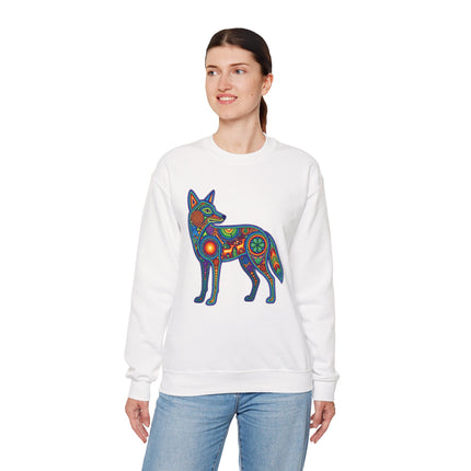 Huichol coyote graphic on white sweatshirt. Vibrant Mexican folk art print.