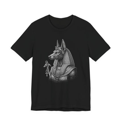 Anubis Egyptian jackal god illustration on a black t-shirt.