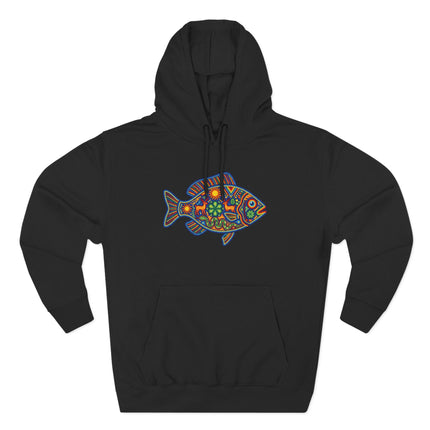 Huichol Fish Hoodie | Colorful Mexican Folk Art Deer Sun Pullover Hoodie
