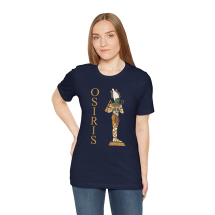 Osiris Egyptian god graphic tee featuring ancient mythology art on a navy shirt.