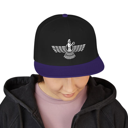 Black snapback hat featuring the embroidered Faravahar symbol, a Zoroastrian Persian design.
