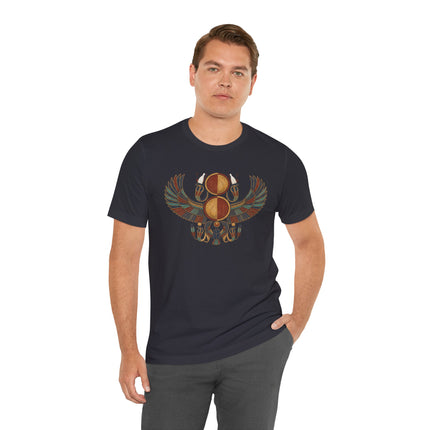 Graphic tee featuring an Egyptian winged scarab beetle and sun disk motif.