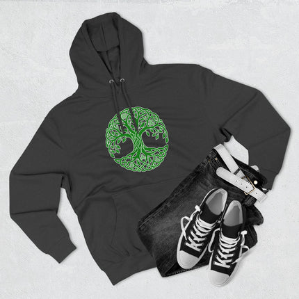 Green Celtic Tree of Life knotwork design on a black pullover hoodie.