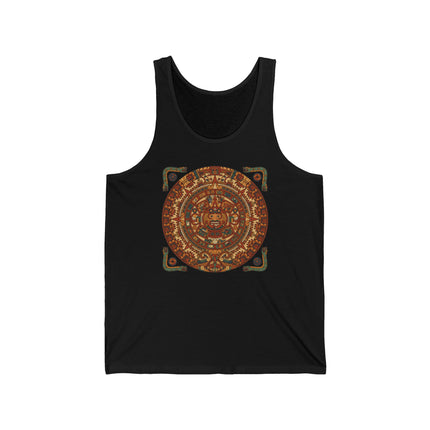 Mayan calendar graphic tank top featuring ancient Mesoamerican art design print.
