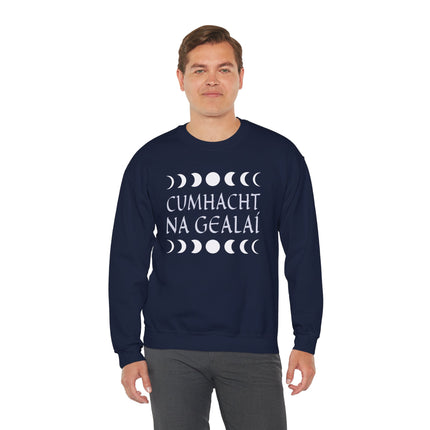 Sweatshirt featuring "Cumhacht Na Gealaí" and celestial moon phase symbols.