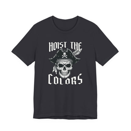 Nautical pirate skull graphic tee with "Hoist The Colors" text.