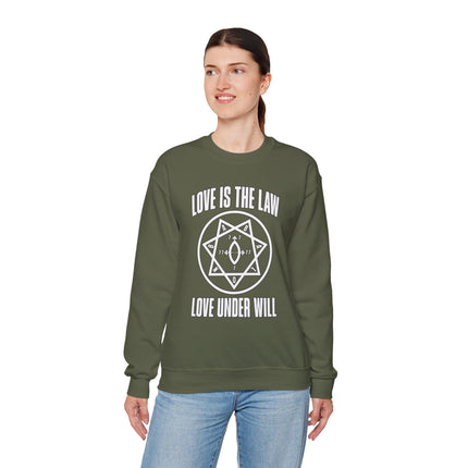 Love Is The Law occult symbol sweatshirt with "Love Under Will" text.