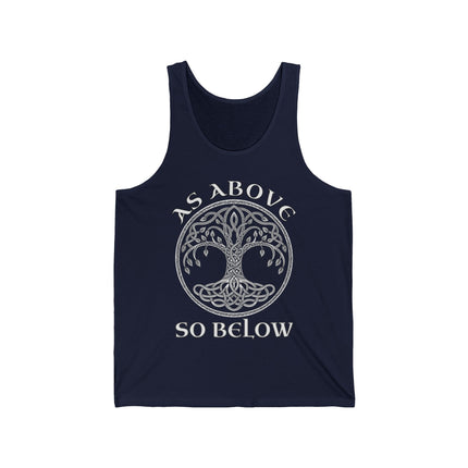Spiritual tank top featuring a Celtic Tree of Life and "As Above So Below" mystical symbolism.