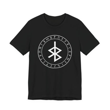 Black graphic tee featuring the Bind Rune and Elder Futhark runes in Norse style.