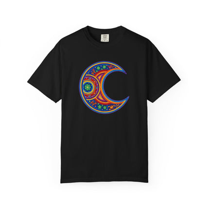 Huichol Inspired Crescent Moon Graphic T-Shirt | Colorful Mexican Art Tee