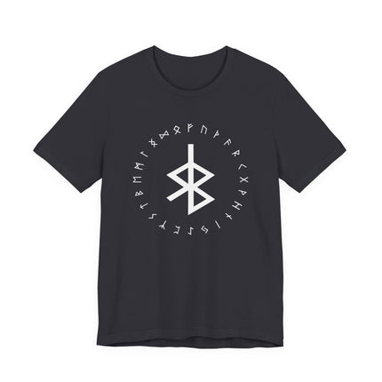 Viking Norse rune circle t-shirt with Bind Rune and Elder Futhark symbols.