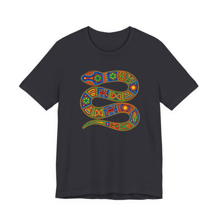 Vibrant Huichol-style serpent graphic on a black t-shirt, featuring colorful tribal and indigenous patterns.