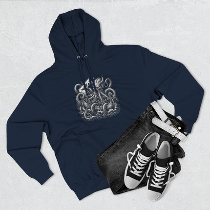 Kraken sea monster graphic on a dark blue hoodie, inspired by Norse Viking mythology and deep-sea folklore.