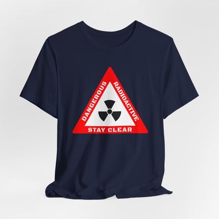 Dangerous radioactive warning sign graphic on a navy blue t-shirt.
