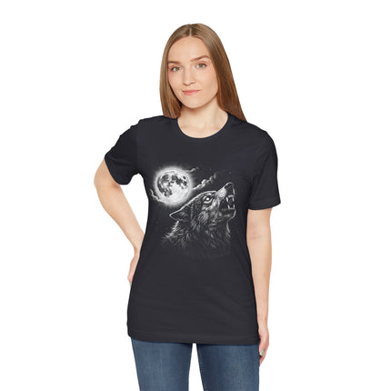 Howling wolf and full moon graphic design on a black t-shirt.