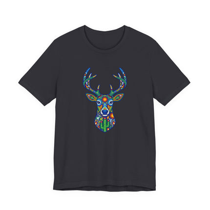 Vibrant Huichol deer graphic tee featuring Mexican indigenous folk art on a black t-shirt.