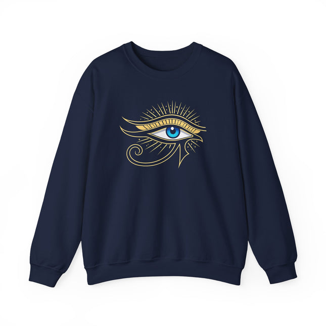 Golden Eye of Ra Egyptian symbol graphic on a navy blue pullover sweatshirt.