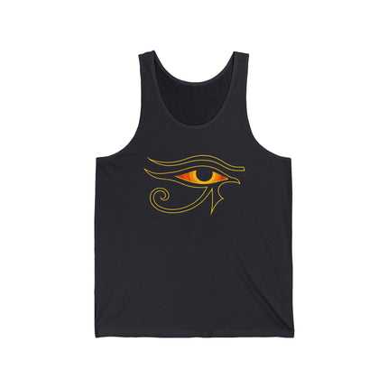 Eye of Ra symbol on a black tank top. Ancient Egyptian mythology graphic representing protection and power.