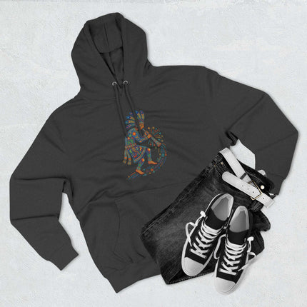 Colorful Kokopelli flute player graphic on a dark unisex hoodie featuring Southwest art.