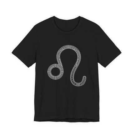 Intricate Leo zodiac symbol graphic tee with tribal astrology design.