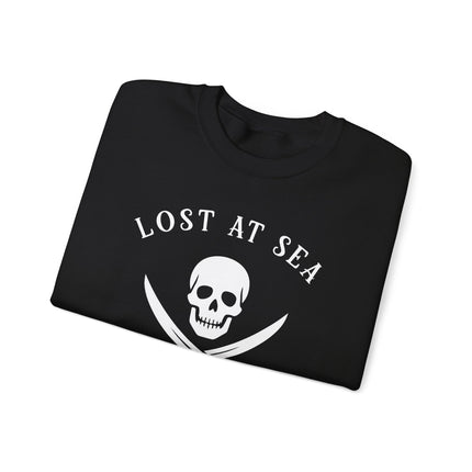 Lost At Sea pirate skull graphic on a black sweatshirt featuring crossed swords.