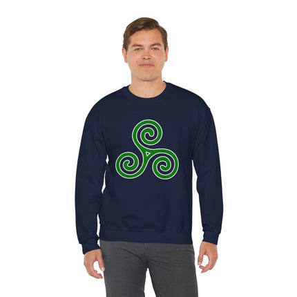 Green Celtic triskelion spiral graphic on a navy pullover sweatshirt.