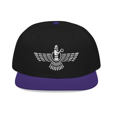 Embroidered Faravahar symbol on a black snapback hat, representing Persian Zoroastrian culture.