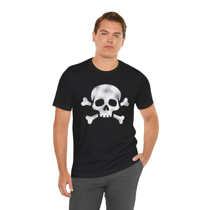 Black t-shirt featuring a distressed white skull and crossbones graphic.