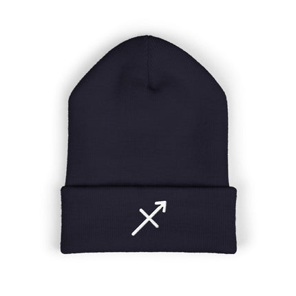 Sagittarius Symbol Cuffed Beanie | Embroidered White Zodiac Arrow Design