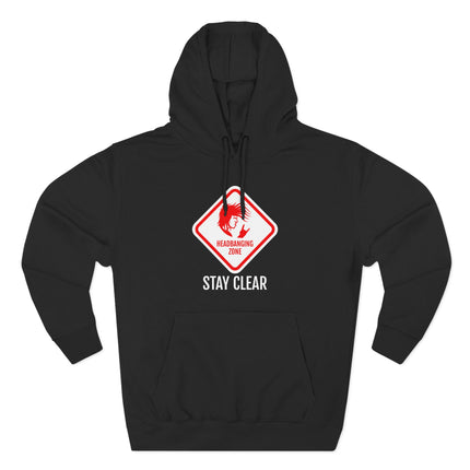 Black rock hoodie with "Headbanging Zone Stay Clear" metal music graphic.
