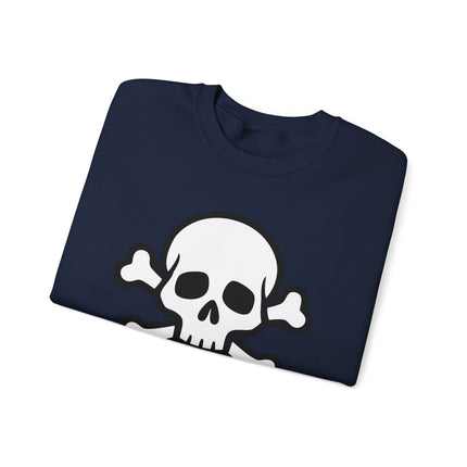 Gothic skull and crossbones graphic on a dark blue unisex pullover sweatshirt.