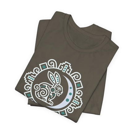 Mayan Rabbit Moon T-Shirt | White Crescent and Geometric Border Tee