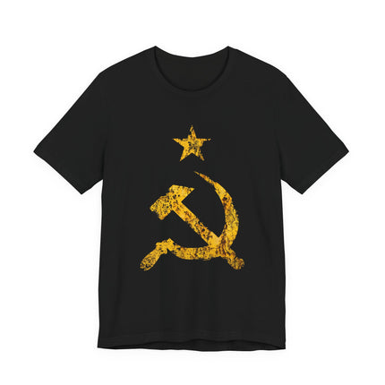 Grunge gold hammer and sickle star graphic on a black communist t-shirt.