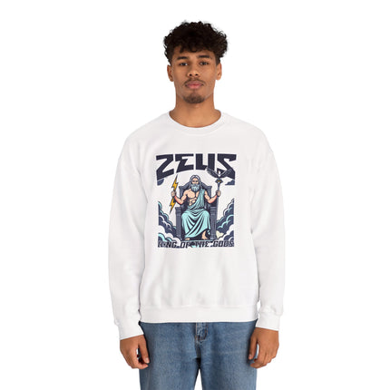 Zeus King of the Gods graphic sweatshirt featuring Greek mythology and lightning bolts.