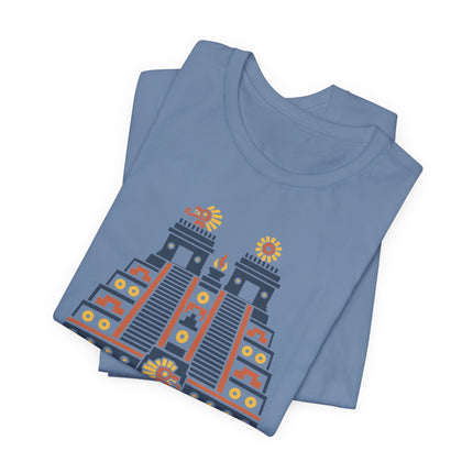 Aztec Temple T-Shirt | Red and Gold Stepped Architecture Design Tee