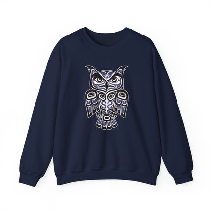 Indigenous Pacific Northwest owl formline art sweatshirt in red and black colors.