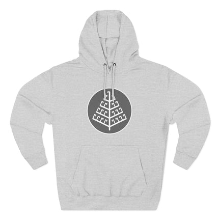 Minimalist Yggdrasil World Tree graphic on a gray pullover hoodie. Norse mythology design.