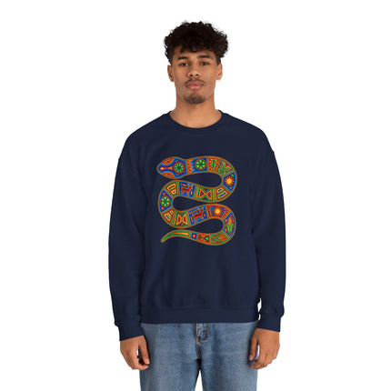 Huichol Snake Art Sweatshirt | Vibrant Indigenous Geometric Serpent Pullover Sweatshirt