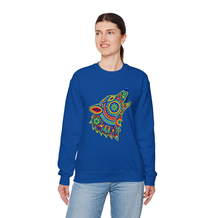 Blue sweatshirt featuring a colorful, geometric Huichol art howling wolf graphic design.