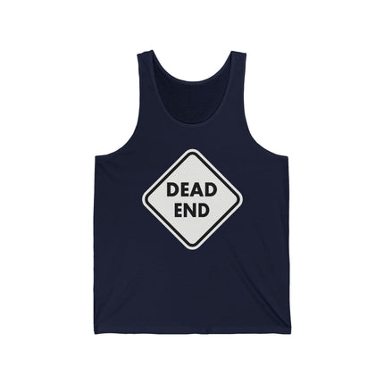 Unisex dead end road sign graphic tank top in navy blue.