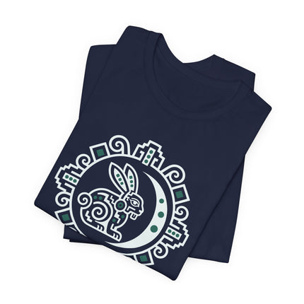 Mayan Rabbit Moon T-Shirt | White Crescent and Geometric Border Tee