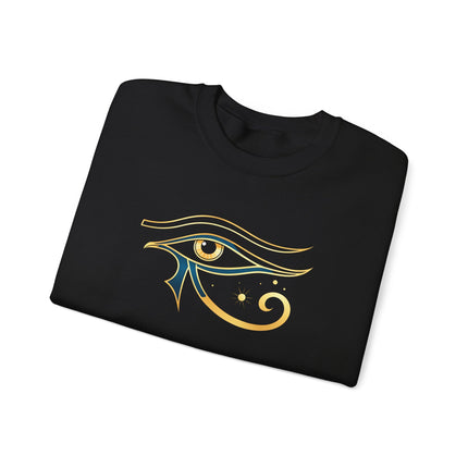 Eye of Horus ancient Egyptian symbol printed on a black pullover sweatshirt.