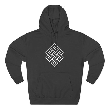 Black hoodie featuring the white Endless Knot symbol. Buddhist graphic representing eternity and interconnectedness.
