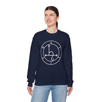 Lilith sigil occult symbol graphic on a navy unisex sweatshirt.