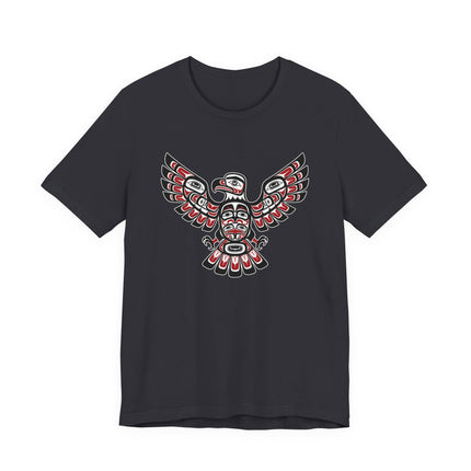 Northwest Coast Haida eagle formline art graphic tee on a black shirt.