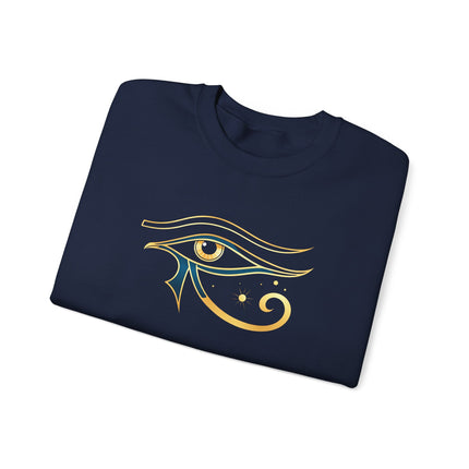 Ancient Egyptian Eye of Horus symbol graphic printed on a comfortable pullover sweatshirt.